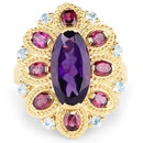 14K Yellow Gold Plated 6.80 Carat Genuine Amethyst, Rhodolite & Blue Topaz .925 Sterling Silver Ring-6