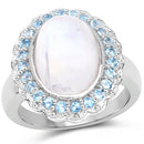 7.21 Carat Genuine White Rainbow Moonstone & Swiss Blue Topaz .925 Sterling Silver Ring-4