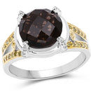 3.28 Carat Genuine Smoky Quartz, Yellow Diamond & White Diamond .925 Sterling Silver Ring-4