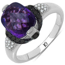 3.71 Carat Genuine Amethyst, Black Diamond & White Diamond .925 Sterling Silver Ring-4