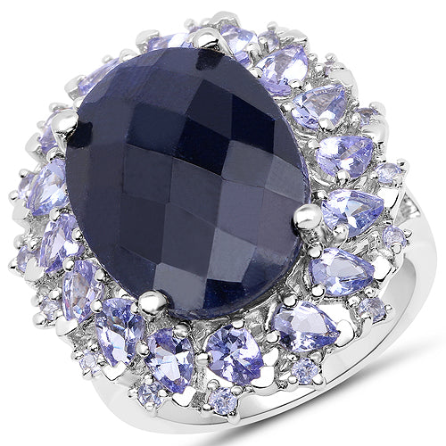 17.81 Carat Dyed Sapphire and Tanzanite .925 Sterling Silver Ring