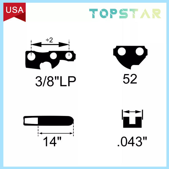 2 Pack 14" Chainsaw Chain for Worx WG384 Cordless Blade 3/8" LP .043 Gauge 52DL