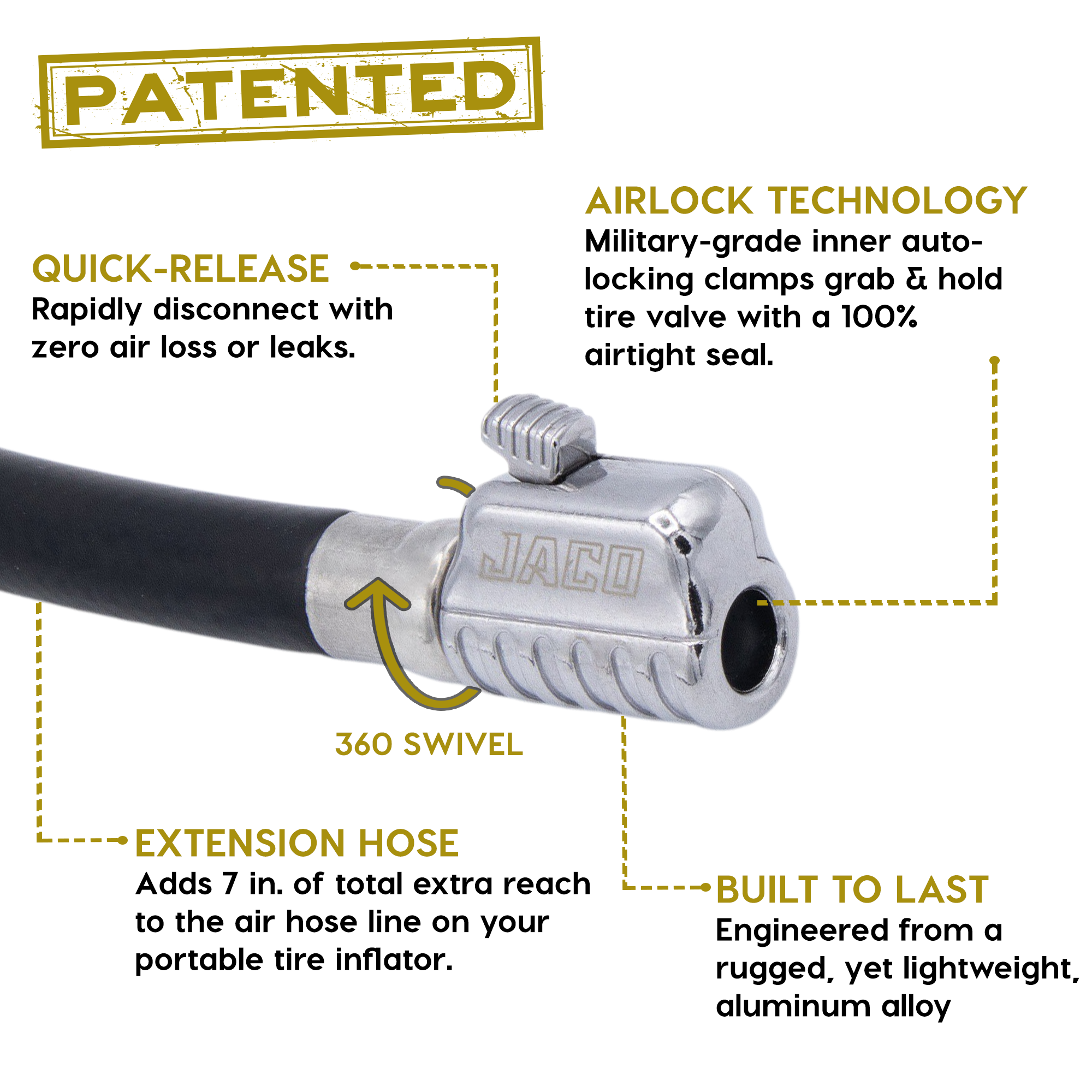 Lightning S2X Tire Inflator Hose Extension Self-Locking Nozzle | Patented Air Hose Adapter for Tire Pumps (Open Flow) - 0