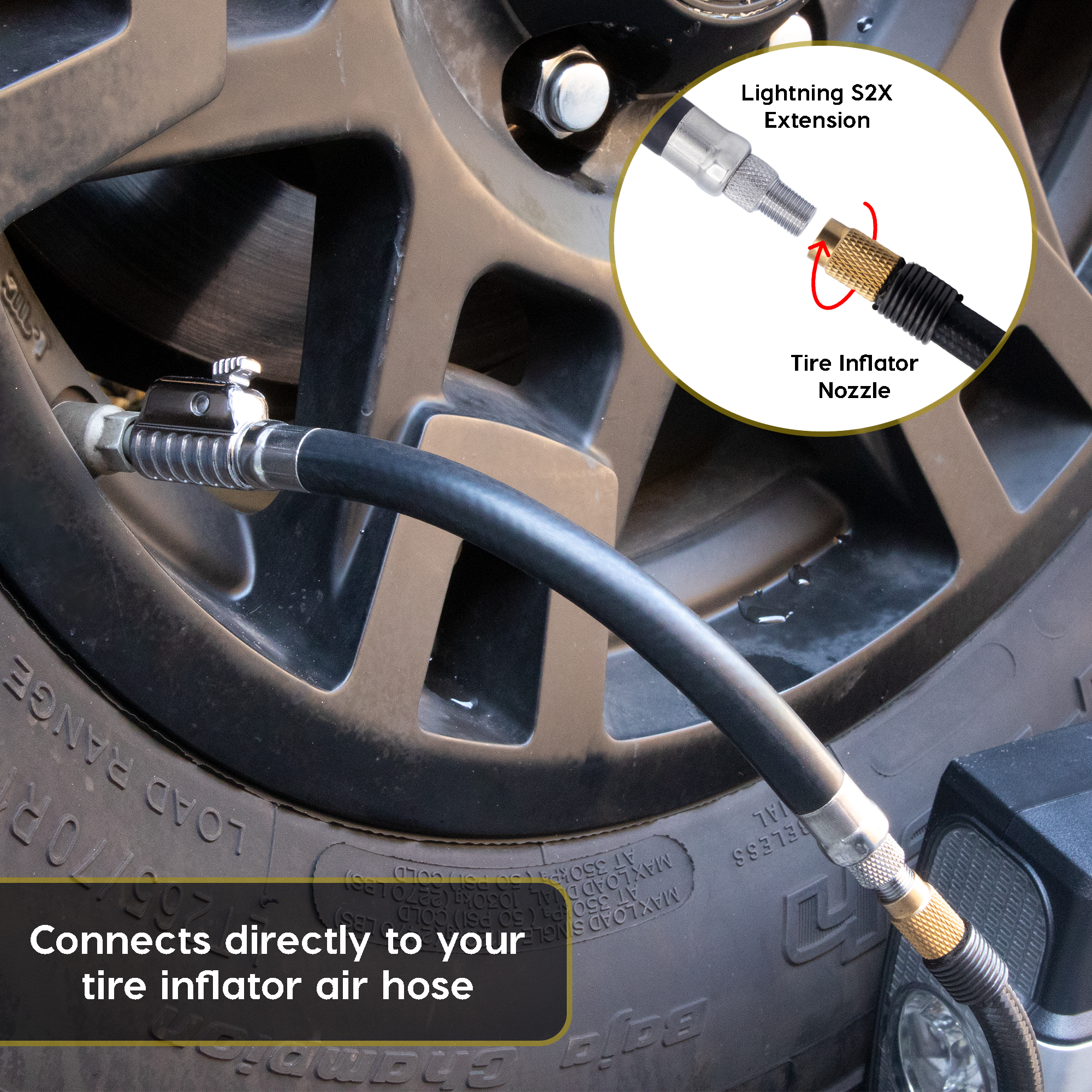 Lightning S2X Tire Inflator Hose Extension Self-Locking Nozzle | Patented Air Hose Adapter for Tire Pumps (Open Flow)