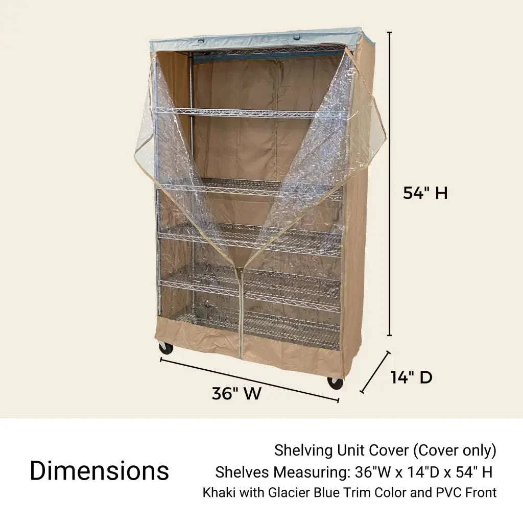 Storage Shelving Unit Cover, fits racks 36"W x 14"D x 54"H one side see through panel in Beige Khaki and Blue Trim