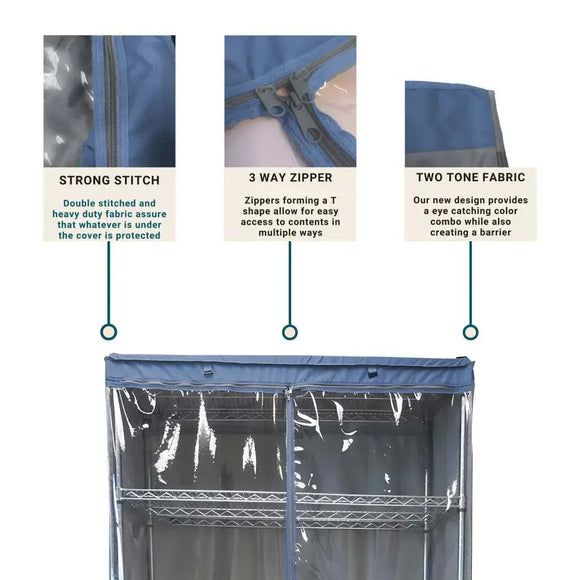 Storage Shelving Unit Cover, fits racks 36"W x 18"D x 72"H one side see through panel in Grey and Dusty Blue Trim