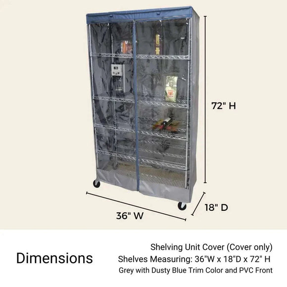 Storage Shelving Unit Cover, fits racks 36"W x 18"D x 72"H one side see through panel in Grey and Dusty Blue Trim