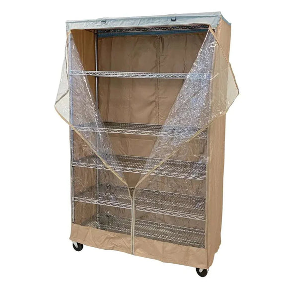 Storage Shelving Unit Cover, fits racks 36"W x 24"D x 72"H one side see through panel in Beige Khaki and Blue Trim