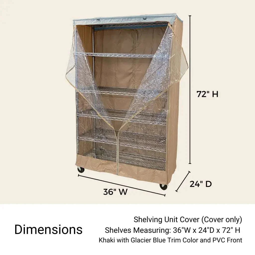 Storage Shelving Unit Cover, fits racks 36"W x 24"D x 72"H one side see through panel in Beige Khaki and Blue Trim