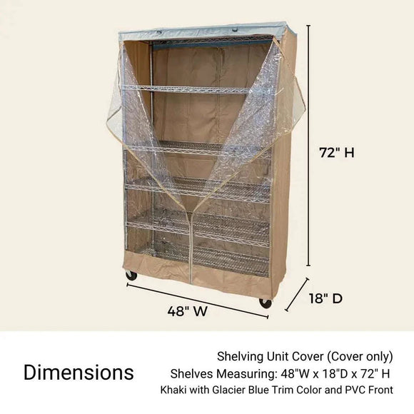 Storage Shelving Unit Cover, fits racks 48"W x 18"D x 72"H one side see through panel in Beige Khaki and Blue Trim