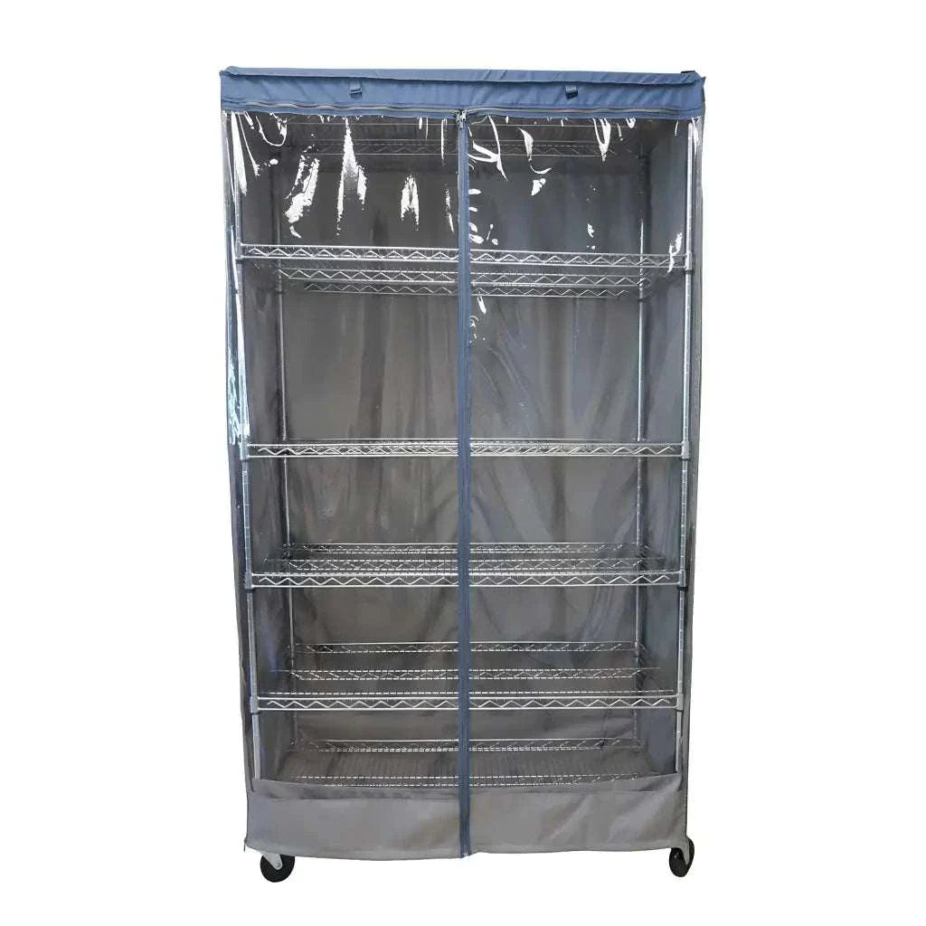 Storage Shelving Unit Cover, fits racks 48"W x 24"D x 72"H one side see through panel in Grey and Dusty Blue Trim