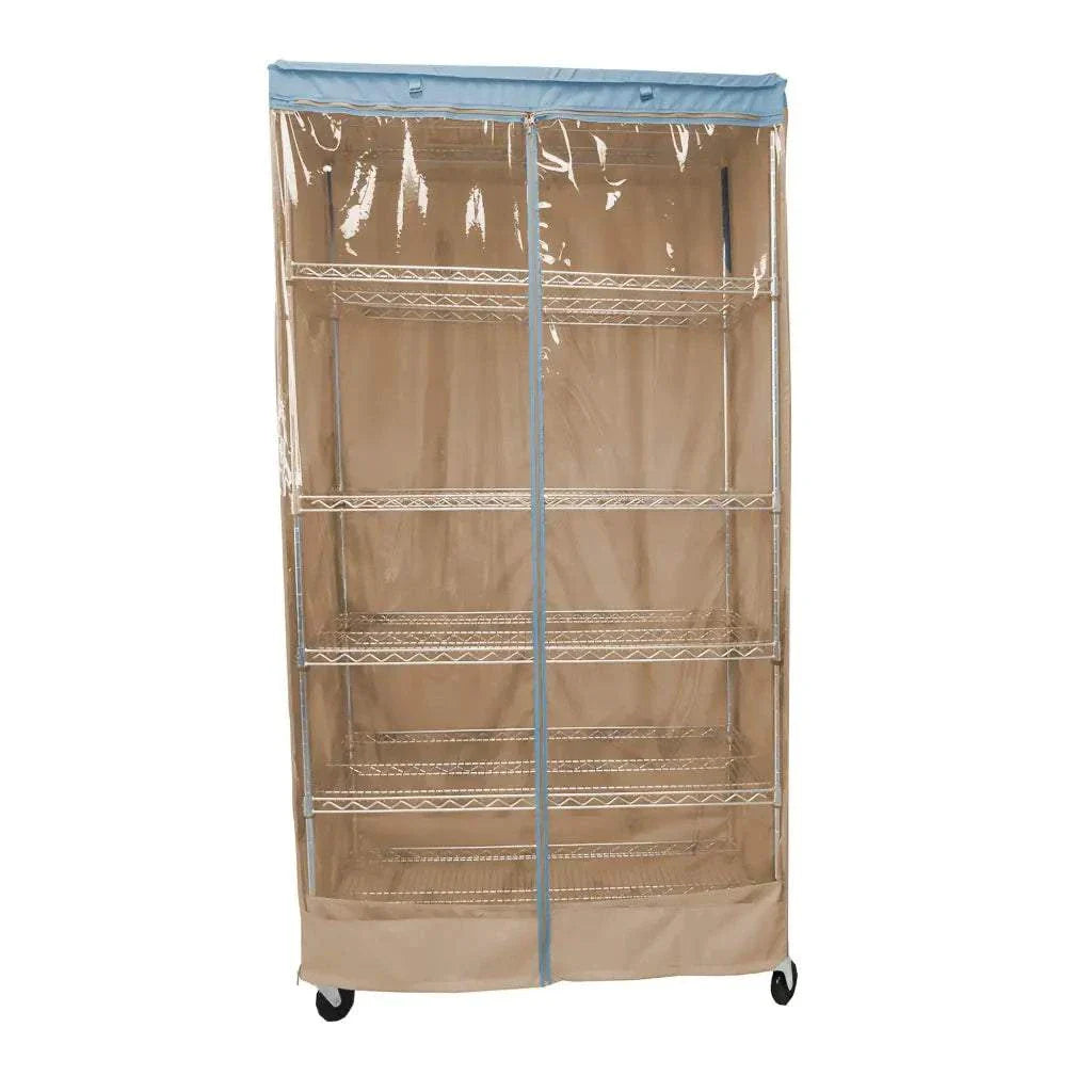 Storage Shelving Unit Cover, fits racks 48"W x 24"D x 72"H one side see through panel in Beige Khaki and Blue Trim