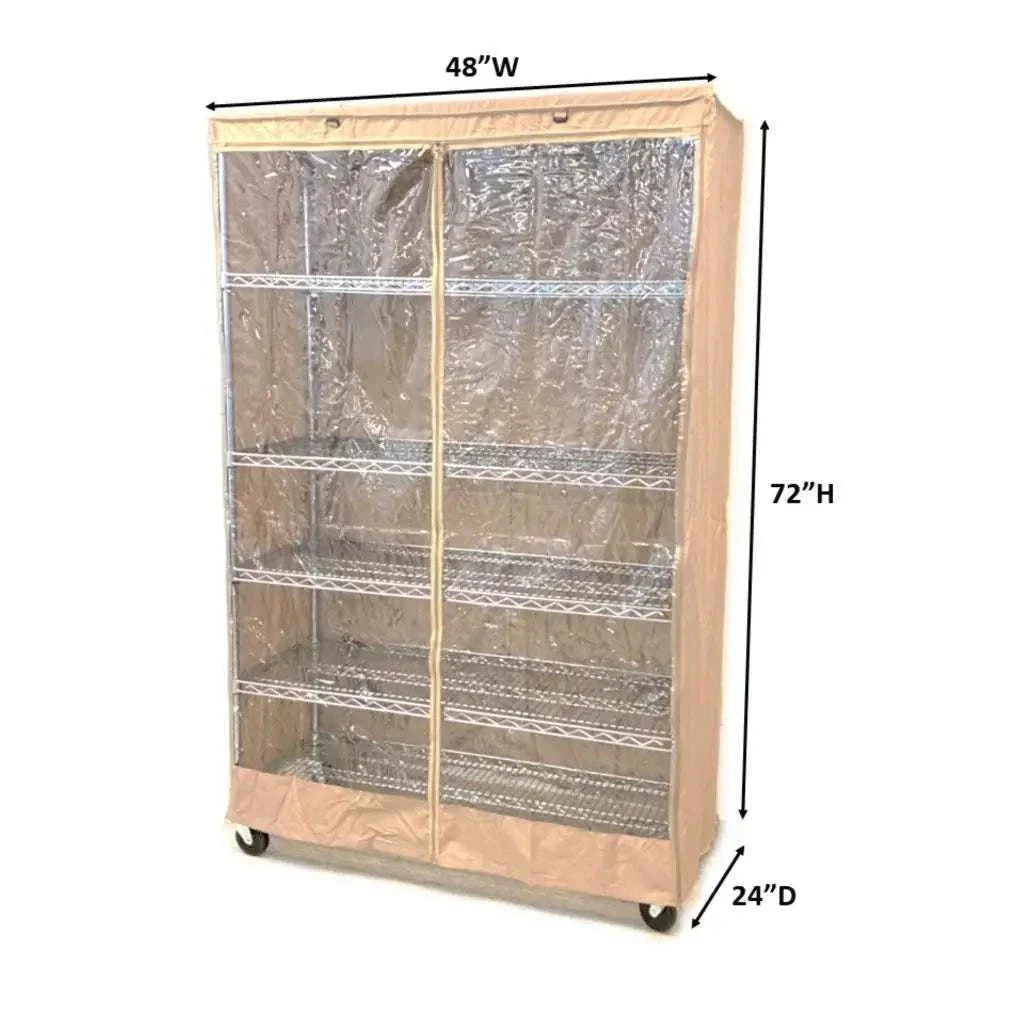 Storage Shelving Unit Cover, fits racks 48"W x 24"D x 72"H one side see through panel in Beige Khaki - 0