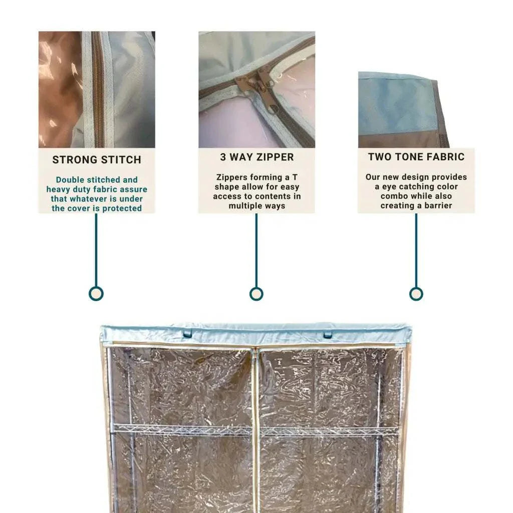 Storage Shelving Unit Cover, fits racks 48"W x 24"D x 72"H one side see through panel in Beige Khaki and Blue Trim