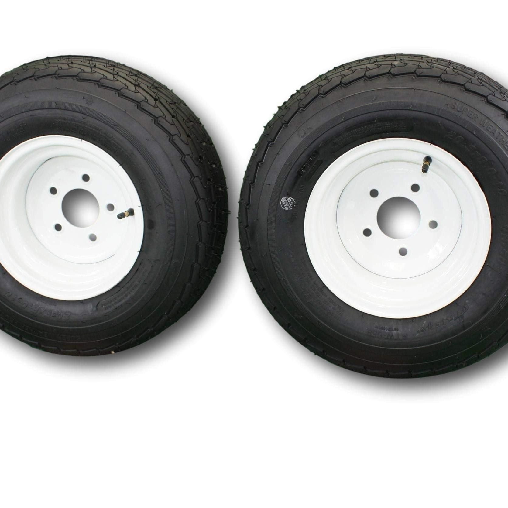 (Set of 2) 205/65-10 20.5x8.0-10 10 ply Load Range E Super Durable Antego Trailer Tire Wheel Assy - 5 Lug White Rim.