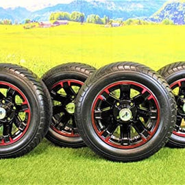 215/50-12 with 12x6 Glossy Black/Red Aluminum Wheel and Tire Assembly for Golf Cart (Set of 4).