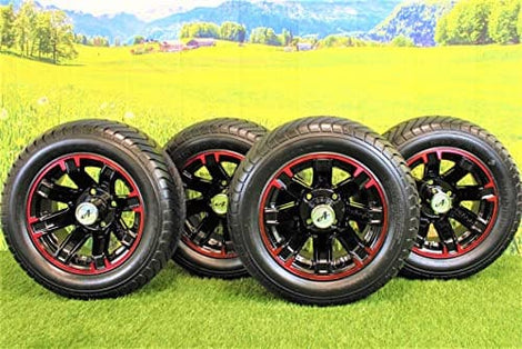 215/50-12 with 12x6 Glossy Black/Red Aluminum Wheel and Tire Assembly for Golf Cart (Set of 4).