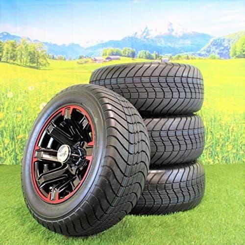 215/50-12 with 12x6 Glossy Black/Red Aluminum Wheel and Tire Assembly for Golf Cart (Set of 4).