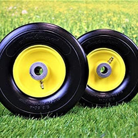 9x3.50-4 Flat Free Tire and Wheel Assemblies - Fits John Deere 38",48", 54"" AM115510, 4" Hub, 3/4" Caged Roller Bearings (Set of 2).