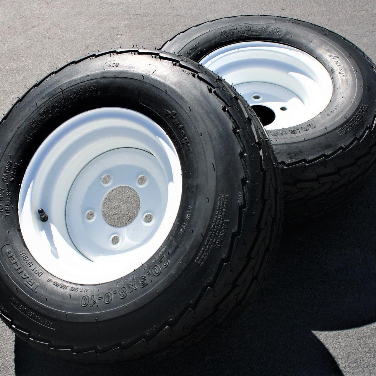 (Set of 2) 205/65-10 20.5x8.0-10 10 ply Load Range E Super Durable Antego Trailer Tire Wheel Assy - 5 Lug White Rim.