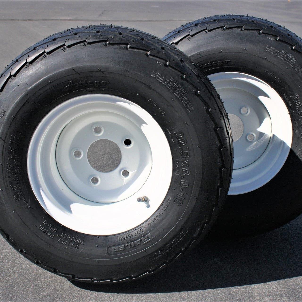 (Set of 2) 205/65-10 20.5x8.0-10 10 ply Load Range E Super Durable Antego Trailer Tire Wheel Assy - 5 Lug White Rim.