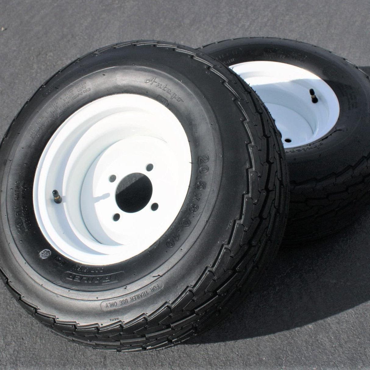 (Set of 2) 205/65-10 20.5x8.0-10 10 ply Load Range E super durable Antego Trailer Tire Wheel Assy - 4 Lug White Rim.