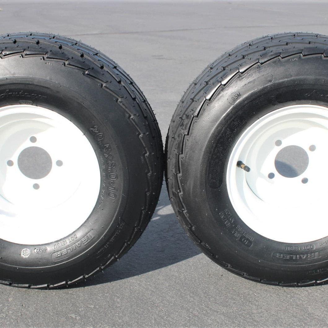 (Set of 2) 205/65-10 20.5x8.0-10 10 ply Load Range E super durable Antego Trailer Tire Wheel Assy - 4 Lug White Rim.