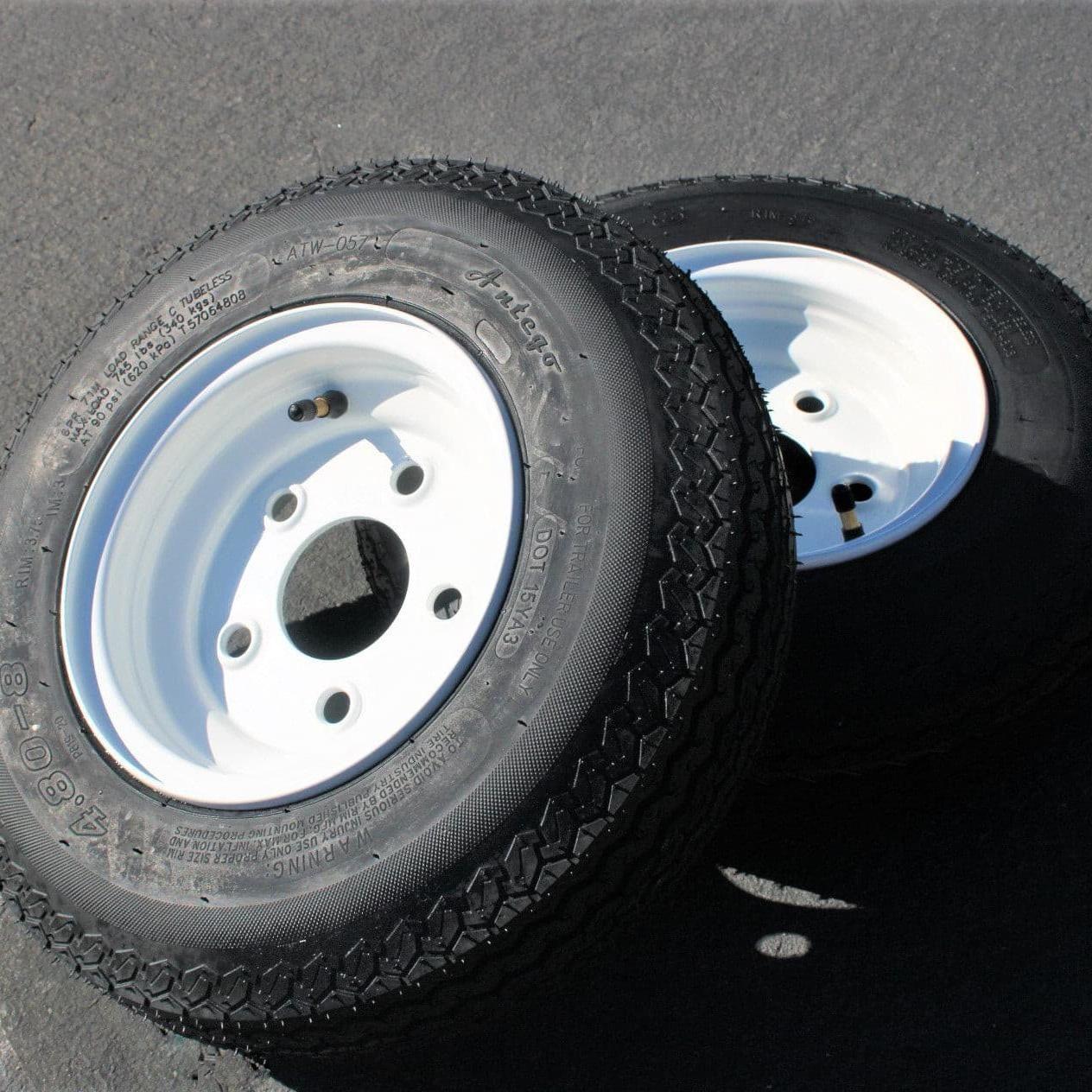 Antego Tire and Wheel Trailer Tires 480-8 4.80-8 4.80x8 4.8-8 with 8" White Rims, Load Range C, 6PR, Set Of 2.