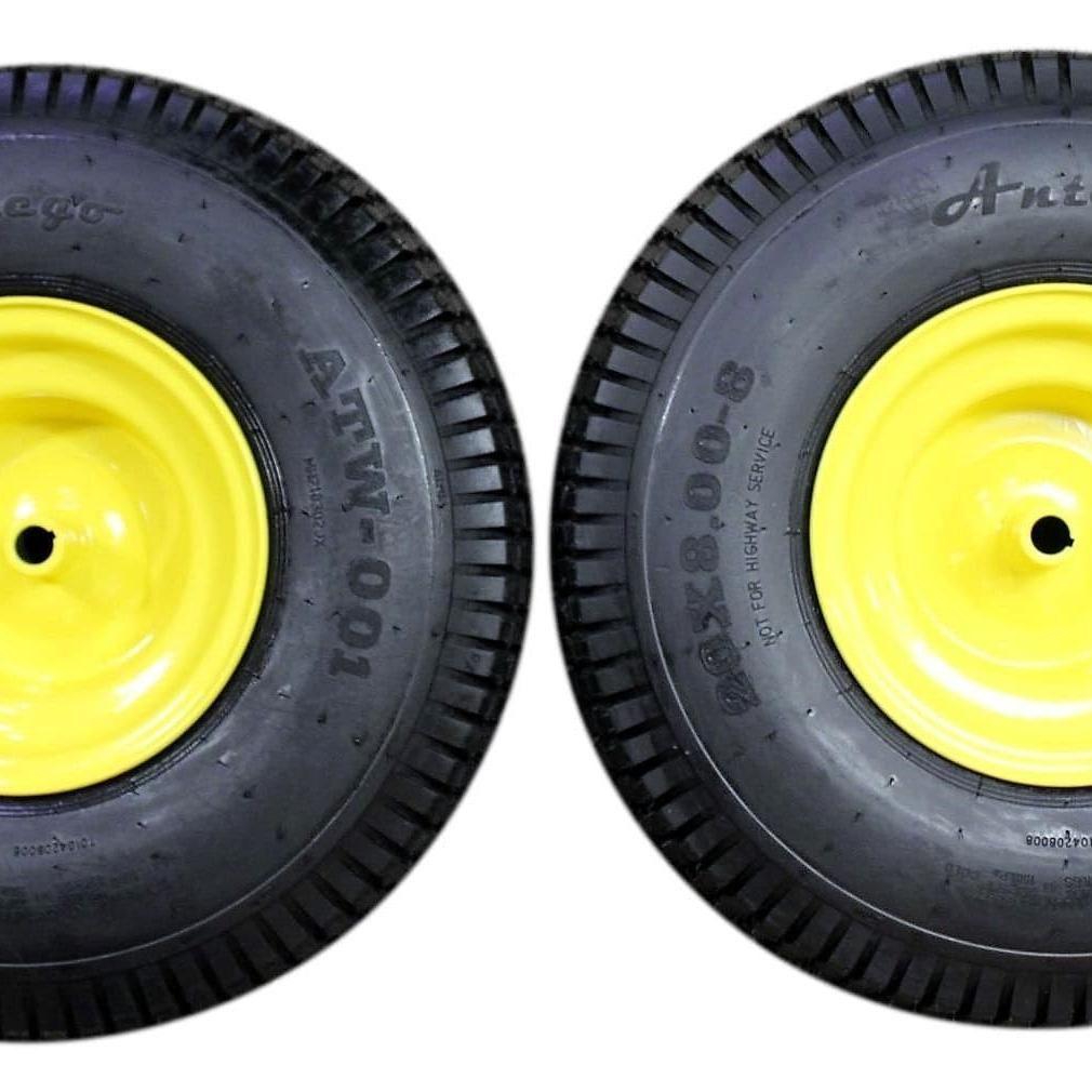 20x10.00-8 Tires with 8x7 John Deere Yellow Wheels 2 Ply for Lawn & Garden Mower Turf Tires (Set of 2).