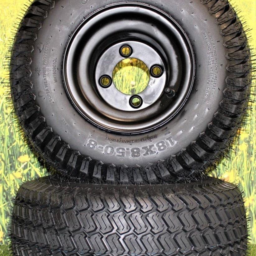 18x8.50-8 Turf Tires and 8x7 Matte Black Alloy Steel Wheels for Golf Carts and Mowers (Set of 2).