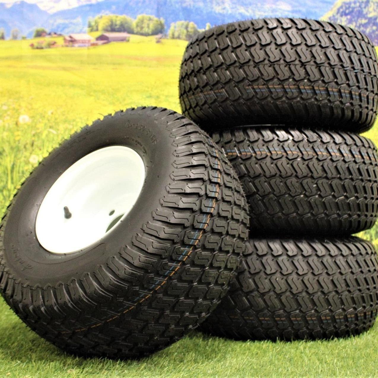 (Set of 4) White Steel Wheels with 18x9.50-8 4 Ply Turf Tires for Golf Cart and Lawn and Garden Equipment.